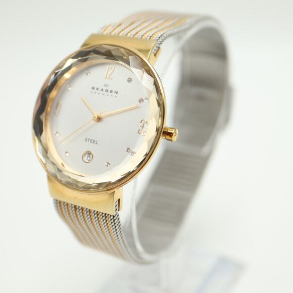 Skagen Slim Two Tone Date 35mm Unisex Watch Steel Mesh Facet Crystal New Battery - Picture 9 of 13